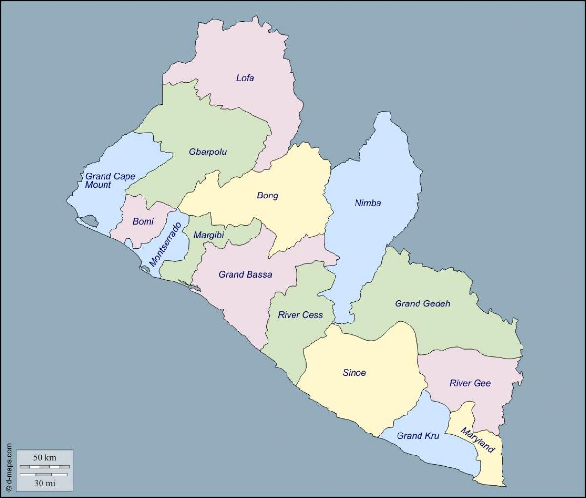 mapa Liberia eskualdeak